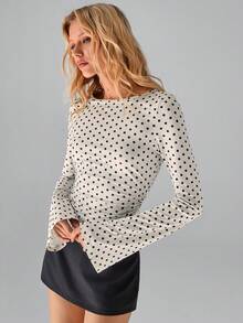 TRNVIE Women's Fashion Polka Dot Print Ruffle Flare Sleeve T-Shirt - Apricot - View 5