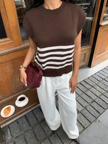 Serisse 女式条纹圆领休闲百搭无袖针织上衣，日常穿着 - 棕色 - 查看 3