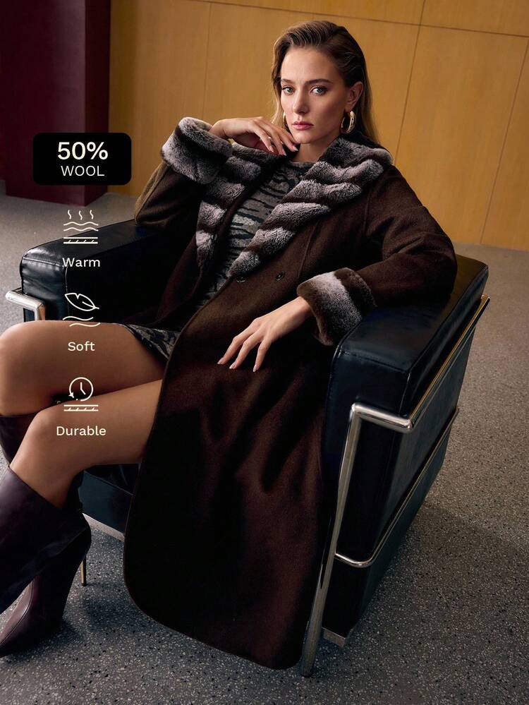 ELEGANT DETACHABLE FUR COLLAR LONG DOUBLE-SIDED WOOL OVERCOAT, AUTUMN/WINTER