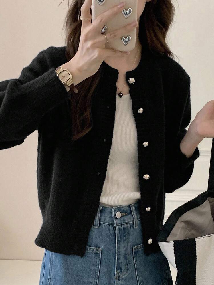 Women's Casual Metal Buckle Decor Fitted Black Solid Color Knit Cardigan, Suitable For Autumn, Winter, Spring