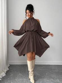 Elenzga 大码女装纯色新款褶皱吊带长袖圆领弹力腰不对称下摆灯笼袖蝴蝶结约会之夜精致时尚优雅休闲吊带宽松简约街头风浪漫优雅秋季连衣裙 - 棕色 - 查看 7