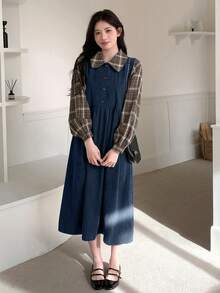 Dazy Star 女式休闲格子拼接二合一连衣裙，秋季 - 藏蓝色 - 查看 3