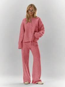MUSERA Oversized Rib Knit Embroidered Detail Wide Leg Trousers Bottom Only Fall Autumn Cosy Cute Casual Coffee Club New Year Spring - Pink - View 5
