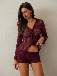 Aloruh 2 件套女士勃艮第酒红色和紫色蕾丝浪漫复古性感修身衬衫和低腰迷你短裤套装，初秋 - 紫紅色 - 查看 10