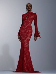 Elitara 优雅酒红色蕾丝手工蝴蝶结装饰立领性感露背喇叭袖鱼尾拖尾连衣裙。适合派对、音乐节、正式场合、节日、假期、婚礼、晚宴、情人节等场合。 - 酒紅色 - 查看 6