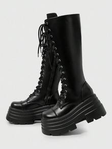 ROMWE Grunge Punk 女式深色朋克哥特式交叉绑带靴，皮革表面派对长靴，带扣带马靴，过膝高筒靴，万圣节