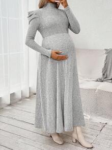 SHEIN 孕妇休闲纯色立领长裙，秋冬 - 灰色 - 查看 7