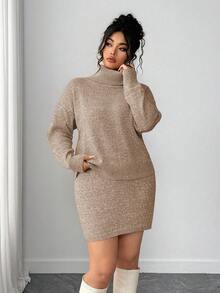 Elenzga Bộ đồ 2 món cỡ lớn cho nữ, áo len cổ lọ tay dài màu trơn rộng rãi và váy len siêu ngắn gợi cảm, phong cách Hàn Quốc giản dị và ngọt ngào - Màu Khaki - Xem 5