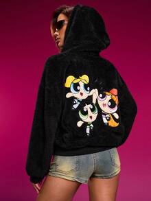 THE POWERPUFF GIRLS X SHEIN Women's Casual Everyday Commute Cartoon & Letter Embroidery Zip-Up Hooded Warm Teddy Fleece Jacket, Autumn/Winter Graphic Hoodies Women Cute Hoodies - Black - View 3