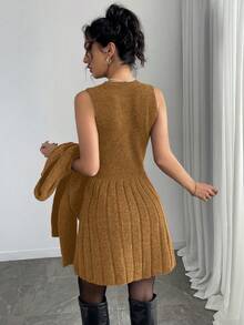 Selianne 2 件套女式纯色简约长袖毛衣开衫和无袖连衣裙套装，休闲日常穿着 - 卡其色 - 查看 2