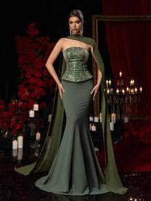 Glamrae Elegant Luxurious Contrast Sequin Lace Patchwork Satin Maxi Dress, Suitable For Wedding, Party, Honeymoon, Formal Occasions, Valentine's Day - Dark Green - View 5