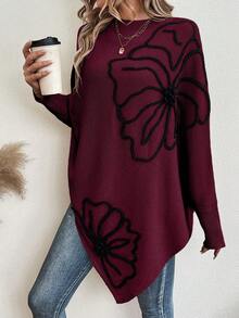 SHEIN LUNE Women's Autumn/Winter Fashion 3D Floral Decor Batwing Sleeve Sweater - Red - View 6