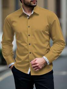 Manfinity Homme 男士加大码纯色休闲长袖衬衫 男士休闲正装衬衫 卡其色男士衬衫 棕色男士正装衬衫 卡其色男士衬衫 修身男士衬衫 - 黃色 - 查看 3