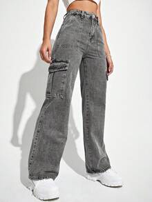 SHEIN ICON Women's Thermal Lined Denim Jeans With Multiple Pockets, Warm For Autumn/Winter - Grey - View 5