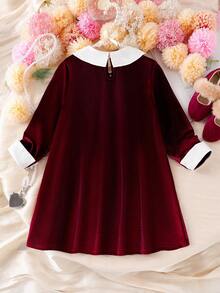 Young Girls Sweet & Cute Autumn/Winlvet Peter Pan Collar Long Sleeve Casual Princess Dress, Suitable For Christmas & Party - Red - View 2