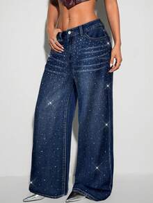 SHEIN ICON 女式低腰口袋水钻装饰宽腿宽松休闲牛仔裤 - 深色水洗藍 - 查看 5