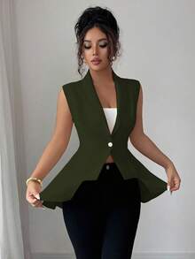 Elenzga Women's Apricot V-Neck Waist Cinched Asymmetric Hem Sleeveless Regular Jacket - Army Green - View 5
