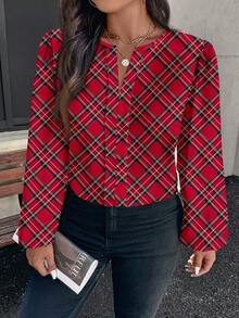 EMERY ROSE Camicia casual a maniche lunghe da donna, elegante e romantica, con motivo a quadri natalizi, adatta per l'autunno/inverno, blusa da donna autunnale, abbigliamento esterno