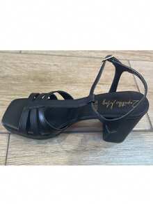 Sandalias de mujer con múltiples tiras, punta cuadrada, correa ajustable, tacón grueso, estilo sencillo para fiesta y uso diario en verano - Negro - Ver 2