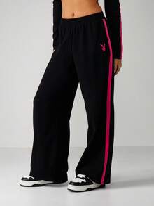 Missguided x Playboy Cotton Long Sleeve Crop Top Wide Leg Pants Coordinated Set With Pink Contrast Detail Logo Print Casual Urban Streetwear Fashion Outfit