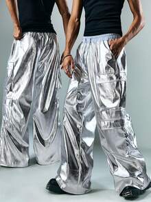 ROMWE MEN Street Life Men's Shiny Silver Elastic Waist Cargo Pocket Wide Leg Casual Sweatpants - Silver - View 7