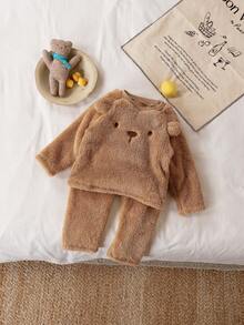 Genkimix Kids 4pcs Young BoyBear Graphic Plush Thick Print Pajama Set, Long Pants & Long Sleeve, Autumn/Winter - Brown - View 4