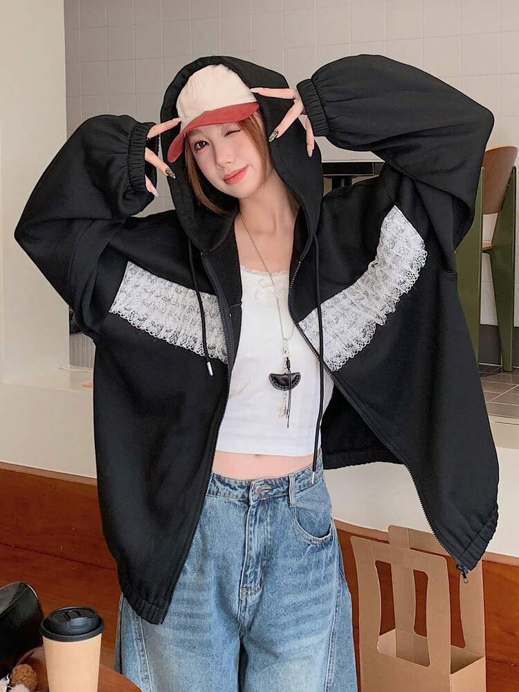 Women's Lace Patchwork Hooded Casual Sweatshirt Sweatshirt Hoodies