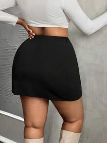 SHEIN PETITE CURVE 黑色弹力针织褶皱 A 字加大码半身裙，优雅百搭，适合日常穿着 - 黑色 - 查看 2