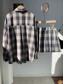 Comfortcana 大码格子衬衫和裙子两件套，春夏休闲装 - 彩色 - 查看 2