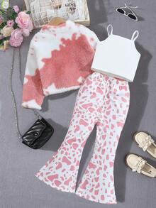 SHEIN Kleine Mädchen Lässig einfarbiges Trägerhemd, allover bedruckte Schlaghose und flauschige Jacke, Herbst