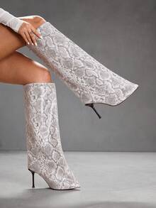 Daringsoles Snake Print Mid Calf Pointed Toe Stiletto Heel Boots With Zipper Closure Fall Winter Fashion