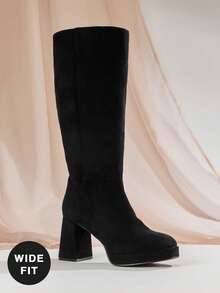 SHUZIA Giày bốt cao đến đầu gối bằng da lộn giả mũi vuông, kiểu dáng rộng, thoải mái, quyến rũ dành cho nữ, có khóa kéo bên trong - màu đen - Xem 2