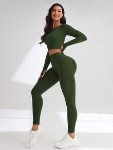 SHEIN Core Rhythm Conjunto deportivo casual y versátil de mujer con cuello redondo y mangas raglán cortas - Verde - Ver 4