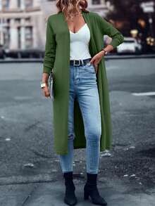 SHEIN LUNE 女式纯色简约长袖超长开衫，适合日常穿着和度假穿着 - 綠色 - 查看 5