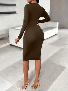 Lyxana Knitted Bodycon Metal Button Embellishment Dress For Women Maxi Women Outfit - Brown - View 2