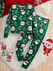 2 件男童长袖圣诞老人和圣诞树图案字母印花舒适睡衣套装 - 綠色 - 查看 3