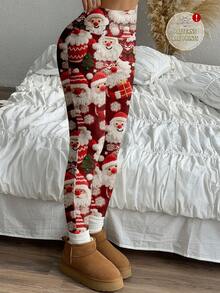 SHEIN EZwear 圣诞圣诞老人印花休闲针织紧身女式长款打底裤 - 彩色 - 查看 6