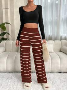 SHEIN Unity 女式撞色条纹高腰休闲直筒针织裤 - 酒紅色 - 查看 6