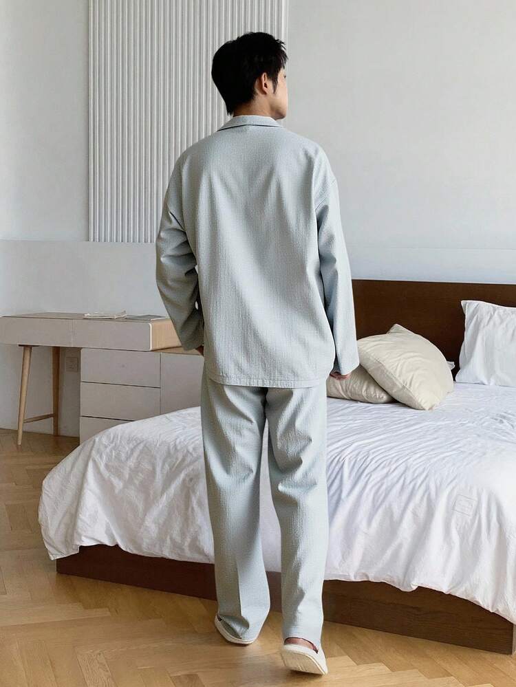 Men's Green Elastic Waist Pajama Set With Shirt & Pants, Autumn, Fall & Winter Clothes