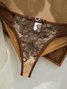 2pcs Women's Adjustable Strap Bra Set With Heart-Shaped Underwire Boobless Lingerie Set Butterfly Lingerie Set Custom Lingerie Set Brown Lingerie Brown Lace Bra - Coffee Brown - View 5