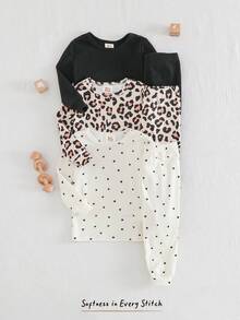 Cozy Pixies 6 Stück Baby Mädchen Leoparden Muster Strick Weicher Rundhals Langarm Top und Elastischer Taille Lang Hose Eng Anliegender Pyjama Set