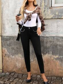 SHEIN LUNE Women's Rhinestone Decor Pocket Skinny Casual Jeans - Black - View 5