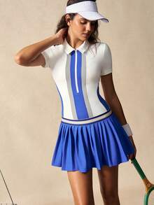 VARSIVA 女式条纹短袖拉链半襟褶边运动连衣裙（含短裤） - 彩色 - 查看 2