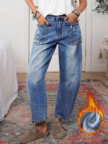 SHEIN PETITE Women's Casual Washed Flared Leg Jeans - Blue - View 1