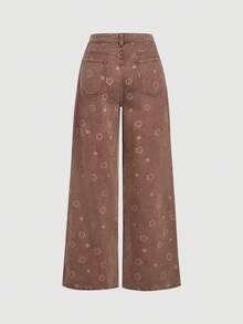 Selenza Women's Casual Retro Floral Print Wide Leg Jeans - Brown - View 10