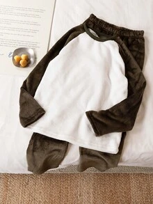 2pcs Teenage Boys Casual Plush Fleece Raglan Sleeve Contrast Color Top And Pants Loungewear Set, Autumn/Winter Fleece Sleepwear - Multicolor - View 8