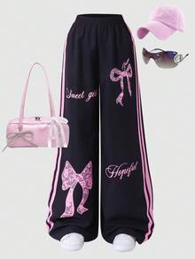 女童休闲黑色裤子，粉色蝴蝶结和字母印花侧条纹松紧腰阔腿裤，适合日常休闲穿着 - 黑色 - 查看 1