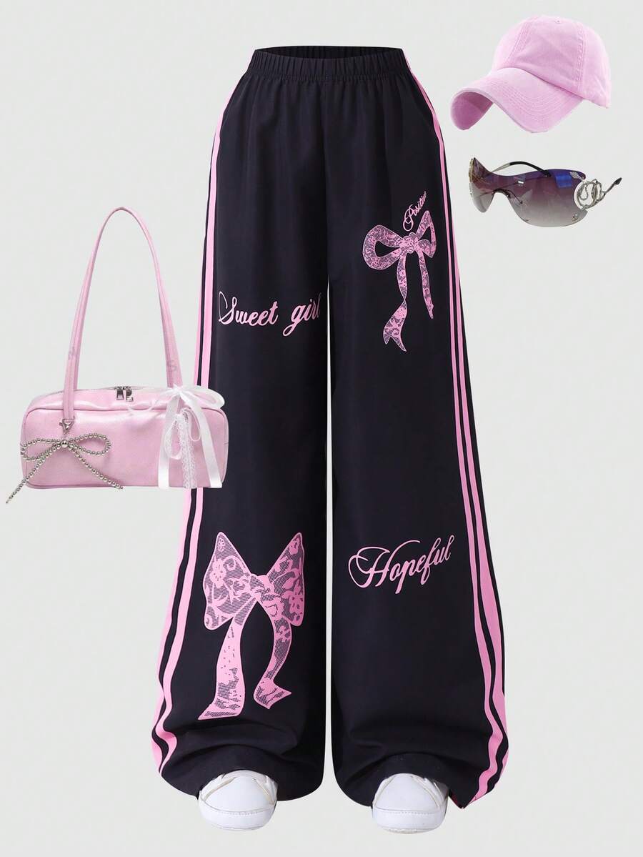 女童休闲黑色裤子，粉色蝴蝶结和字母印花侧条纹松紧腰阔腿裤，适合日常休闲穿着 - 黑色 - 查看 1