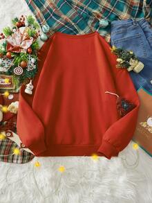 SHEIN LUNE Casual Minimalist Printed Pattern Crew Neck Loose Fit Thick Sweatshirt For Women, Suitable For Autumn/Winter, Red, Merry Christmas Graphic