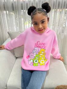SHEIN X Care Bears Tween Girl Casual Pink Bear Print Long Sleeve Hooded Fleece Sweatshirt, Comfortable & Soft, Suitable For Autumn/Winter Cute Hoodies For Girls Cute Sweatshirts For Girls Kawaii Clothes Kids Kid Cute Tops - Pink - View 5